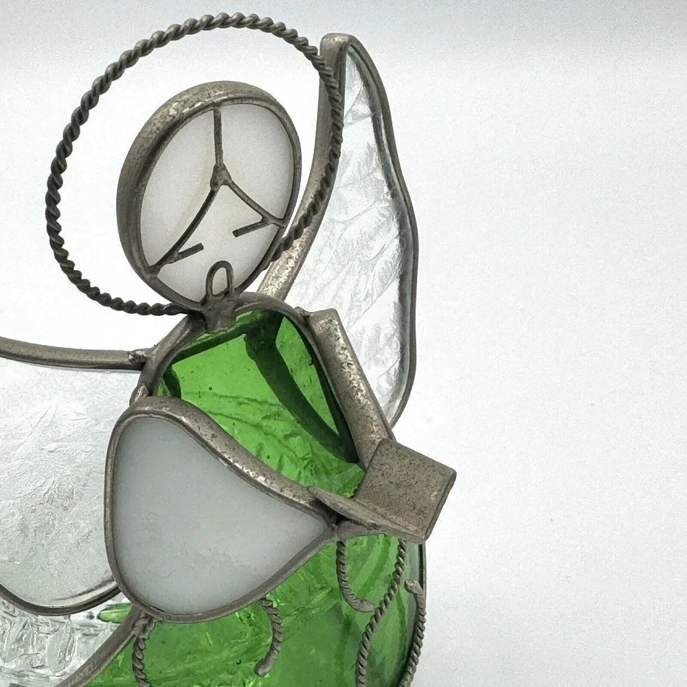 Vintage Green Glass Angel Tea Light Holder Frosted‎ Wings Stained Glass Style 6